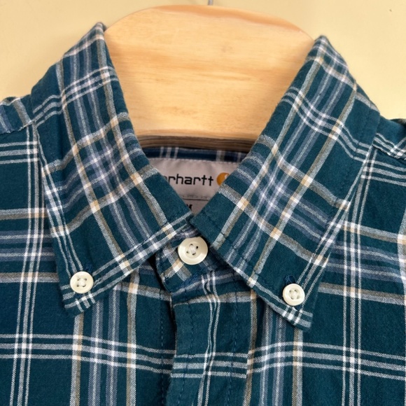 Carhartt men’s shirt blue green plaid short sleeve button front medium - Picture 4 of 8